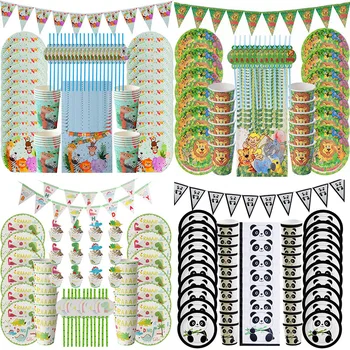 

49/81pcs Safari Party Tableware Set Birthday Party Decoration Kids panda dinosaur theme party Animal Jungle Party Decor Supplies