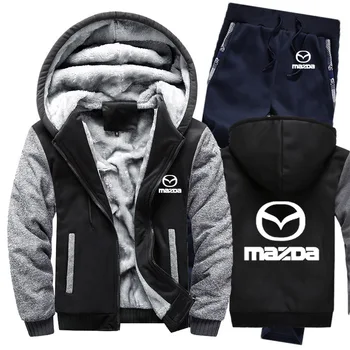 

Hoodies Men Mazda Car Logo Mens Hoodies Suit Winter Thicken Warm Fleece cotton Zipper Tracksuit Mens Jacket+Pants 2Pcs Sets