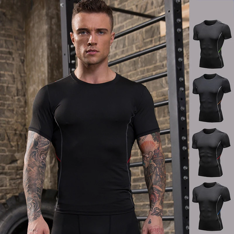 

High Elastic Men's T-Shirts Moisture Wicking Sport Tops Skinny Tees Muscle Trainning Running Sportswear Gym Fitness Clothing