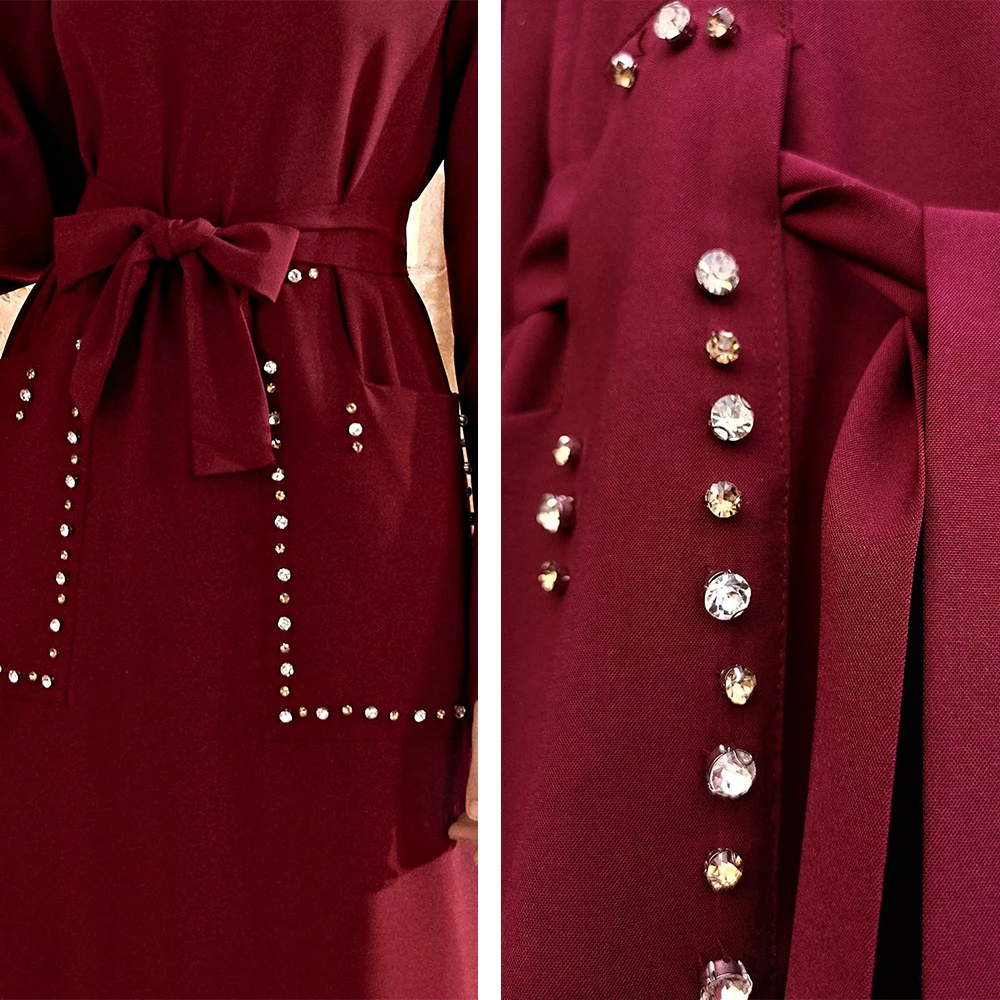 Женское платье макси Siskakia темно красное с алмазной накладной карман арабский