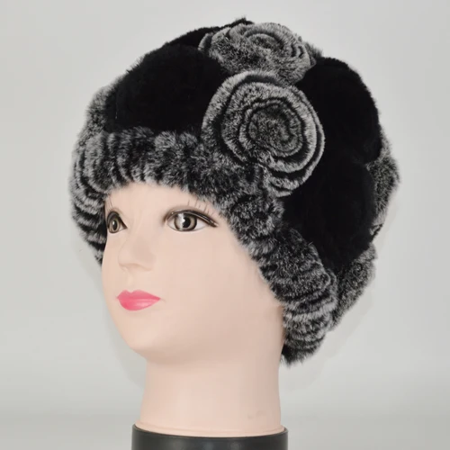 color 22 Winter Rex Rabbit Fur Hat Women Knitted Natural Rex Rabbit Fur Flowers Beanies Hats Warm Soft Real Rex Rabbit Fur Caps - Цвет: color 22