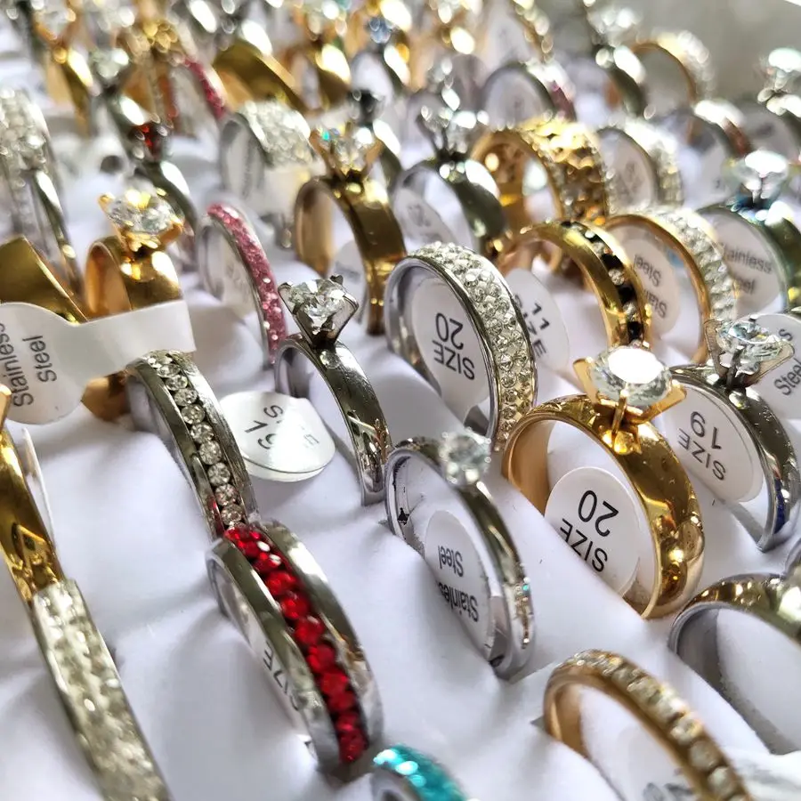 30pcs/lot Luxury Zircon Mixed Stainless Steel CZ Wedding Band Rings Men Women Engagement Classic Finger Ring Lovers Jewelry 5