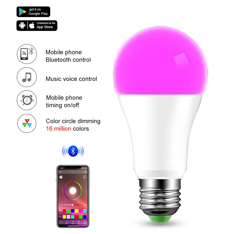 

15W Wireless Bluetooth Smart Bulb LED RGB Magic Lamp E27 B22 Color Change Light Bulb Home Lighting Controlled by IOS /Android