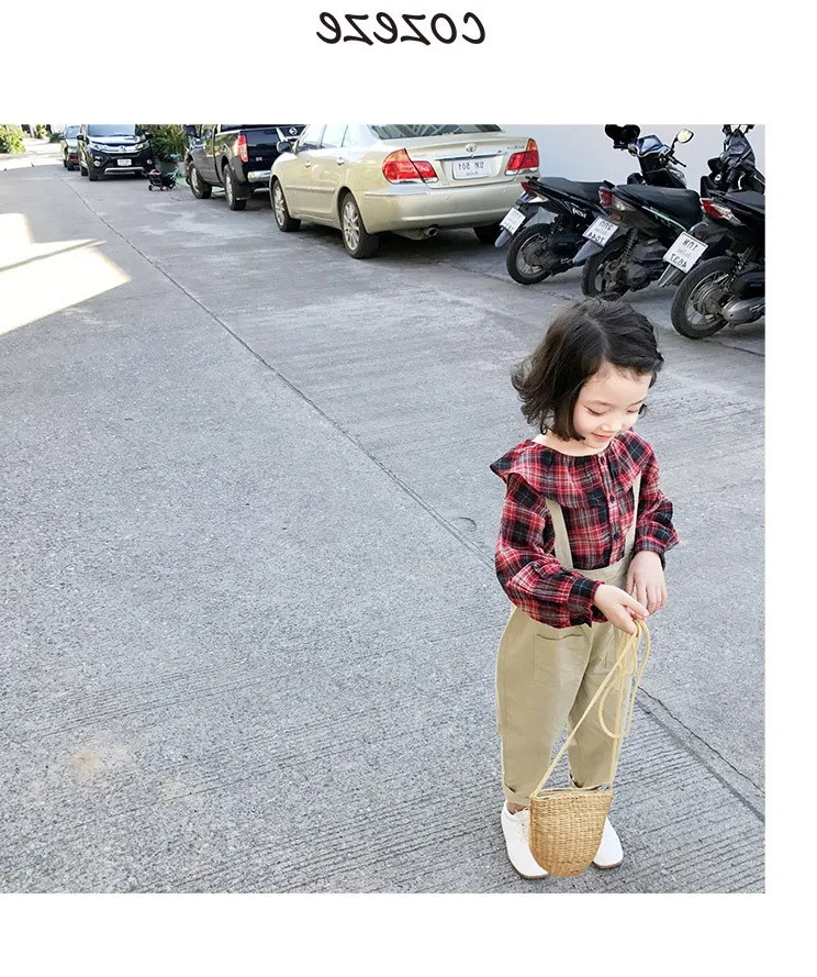 new autumn item girl fashion suit including plaid shirt+suspender pant 2pcs per set