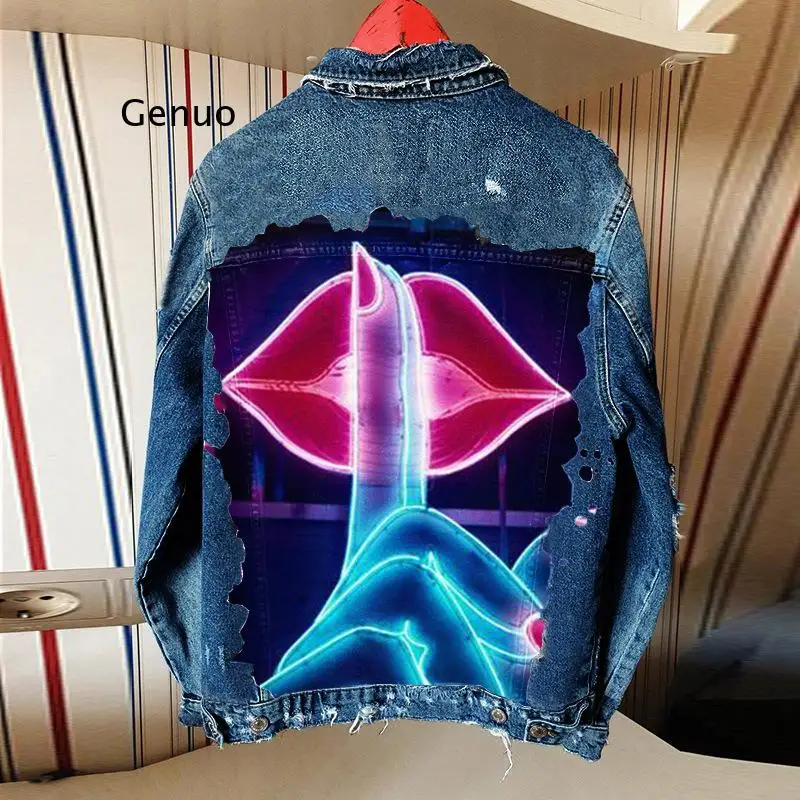 Women's Denim Jacket Fluorescent Lips Print Streetwear Ladies Loose Denim Jacket Korean Fashion Y2K Denim Jacket 90X Style Girls