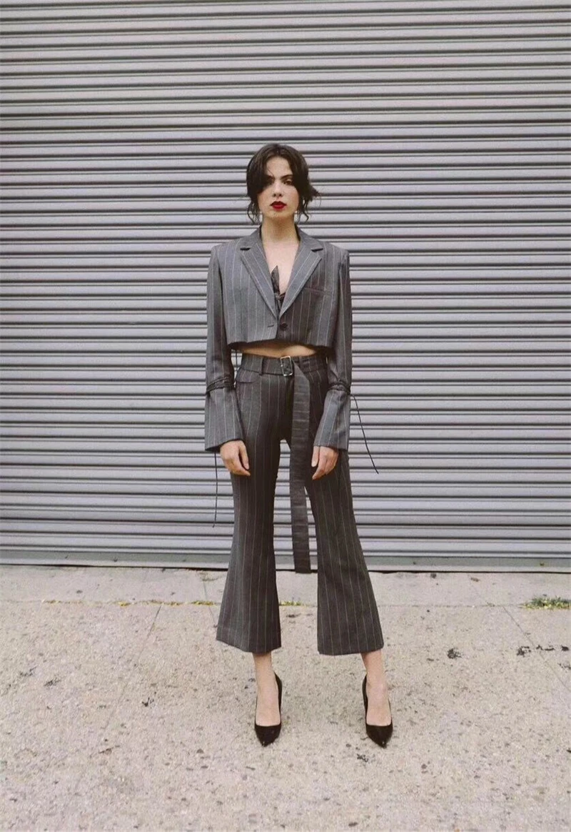 European and American fashion handsome short small suit+ high waist with belt striped nine pants Sets