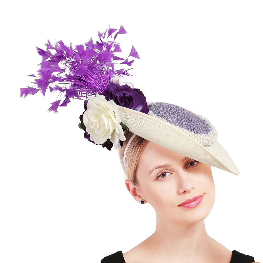 Великолепные дамы формальные свадебные ужин платье шляпы красивые millinery Гонки шляпы для женщин Лаванда женский лук очарование шляпа девушки