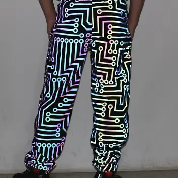 

SHINBENE Geometric Prints Rainbow Reflective Sport Dance Joggers Men/Women Unisex Windproof Outdoor Hip-hop Pants with Pocket