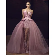 Кутюр Выпускные платья Длинные Пышные тюлевые Шикарные Вечерние Платья без Бретелек Кружевные бисерные праздничные Вечерние платья на молнии сзади