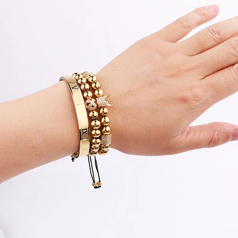 New Fashion High Quality Men Jewelry Bracelet Luxury CZ Imperial Crown Charm Stainless Steel Bangle Bracelet Set Men Jewelry