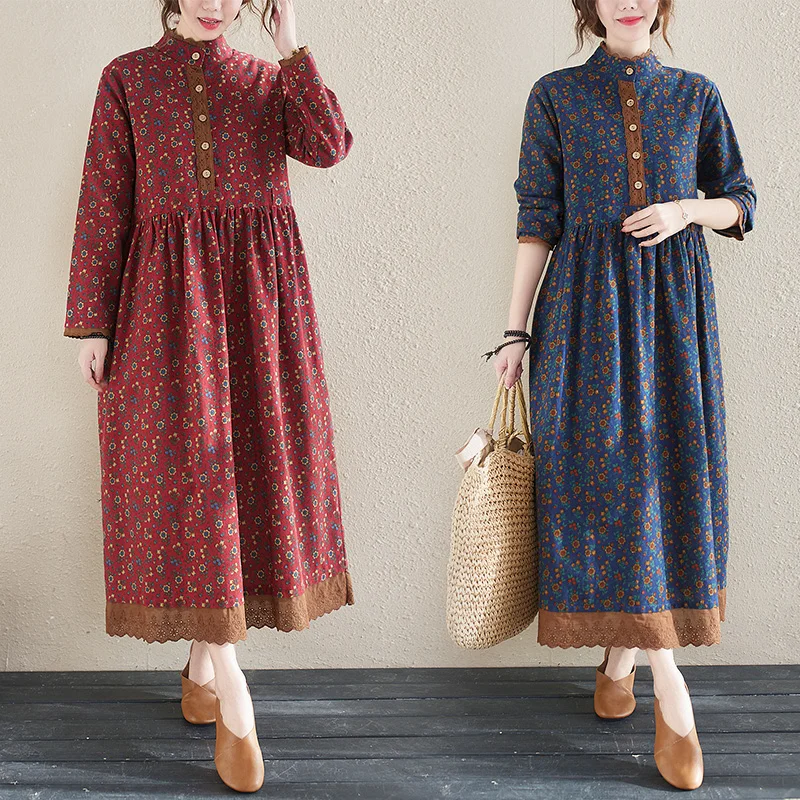 NYFS-Vestido Vintage de primavera y otoño para mujer, ropa pequeña con encaje floral, manga larga, 2021