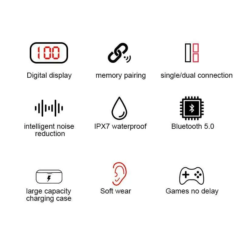 Bluetooth 5 0 Headset TWS Wireless Earphones Mini Stereo Music Gaming Earbuds LED Display Earphone Waterproof 2019