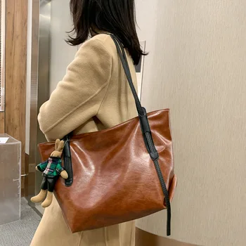 

Retro Women's Handbag Casual 2020 Winter Solid Leather Shoulder Bags for Ladies High-capacity Female Tote Shopping Travel Bucket