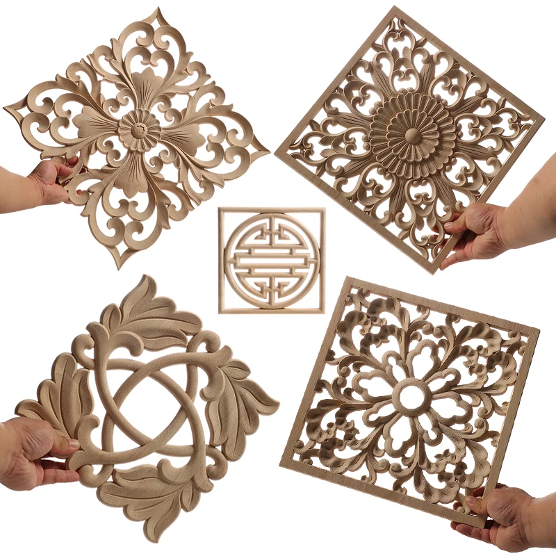 Decorative Wood Appliques Floral Carved Onlay Decal Figurines Home Furniture Door Decor Square