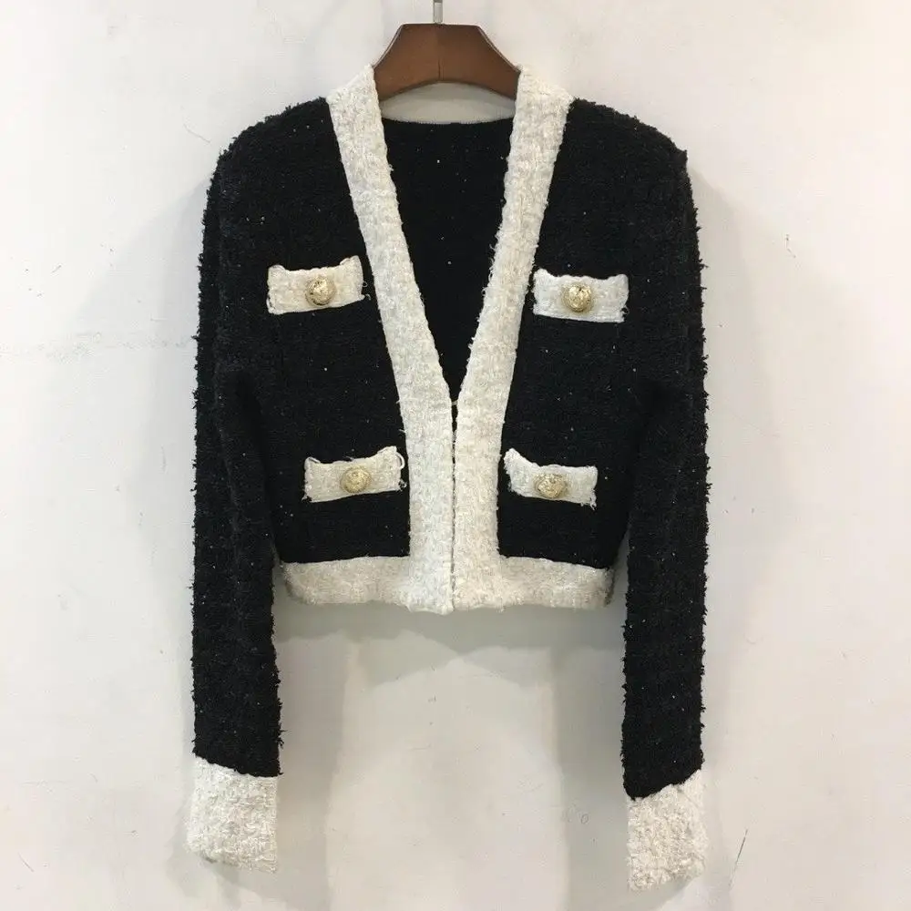 2019FW winner Новая Женская Лоскутная твидовая куртка пальто женская короткая верхняя одежда пальто ddxgz2 - Цвет: Черный