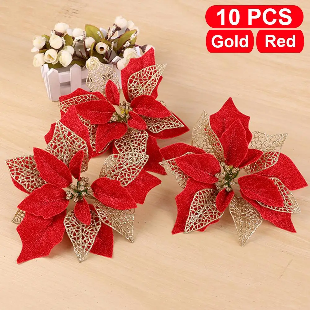 

10pcs Christmas Artificial Flowers Glitter Fake Simulation Flowers Pendant DIY Home Wedding Flower Head Decorations