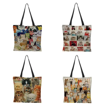 

2020 New Cute Kawaii Cartoon Anime Cat Print Linen Tote Bag Women Fashion Handbags School Travel Shopping Shoulder Bags Reusable