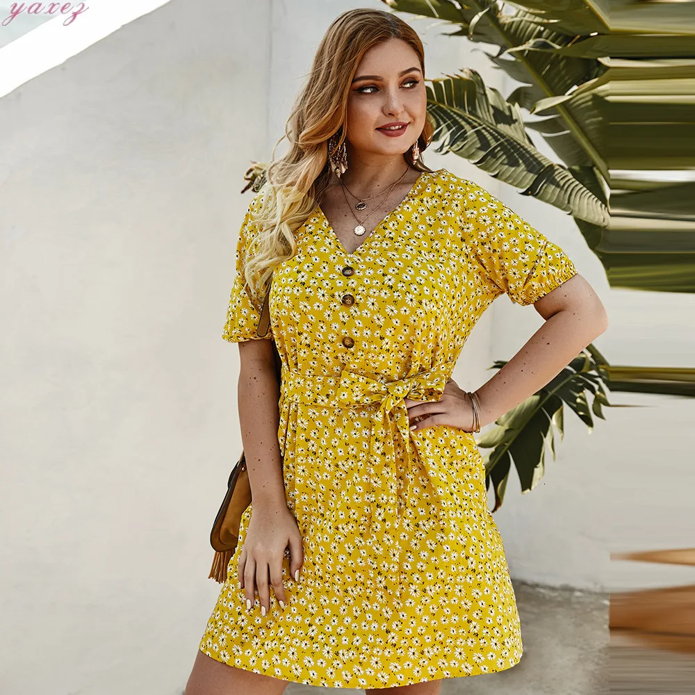 XL-4XL, весна, женское шифоновое платье, желтое, Цветочная пуговица, пояс, а-силуэт, платье для девушек, сексуальное, v-образный вырез, макси, пляжный сарафан для женщин