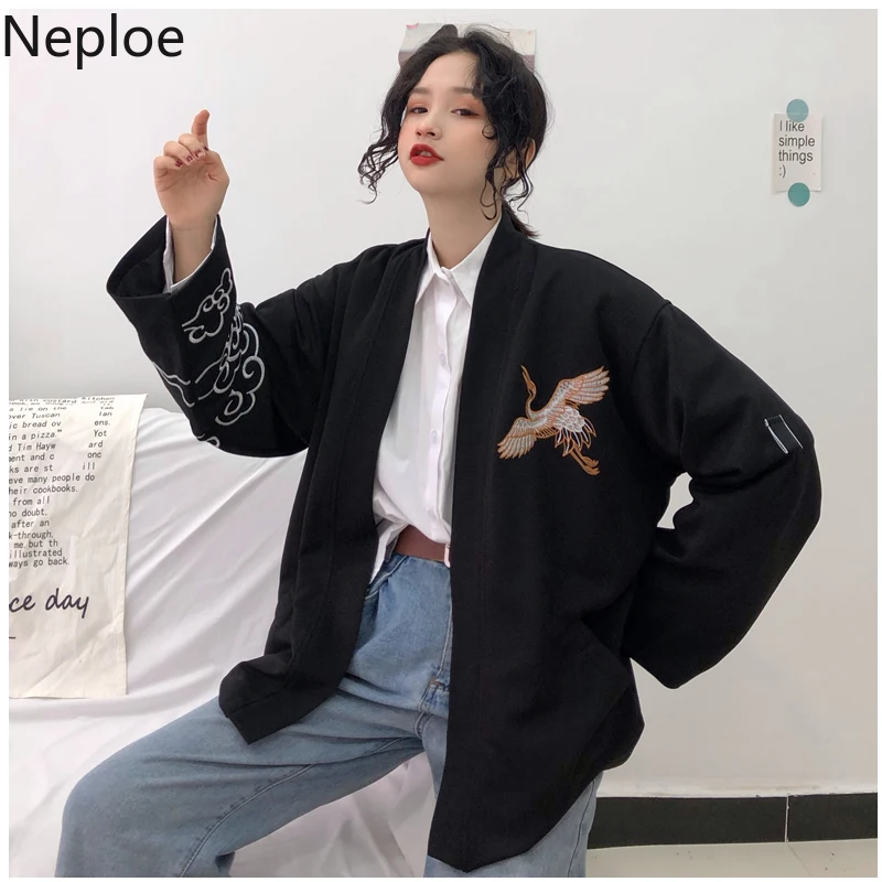 Neploe Harajuku Bf стиль кран вышивка куртка V образным вырезом с длинным рукавом черный любителей Casaco Feminino осень весна мода пальто 48605