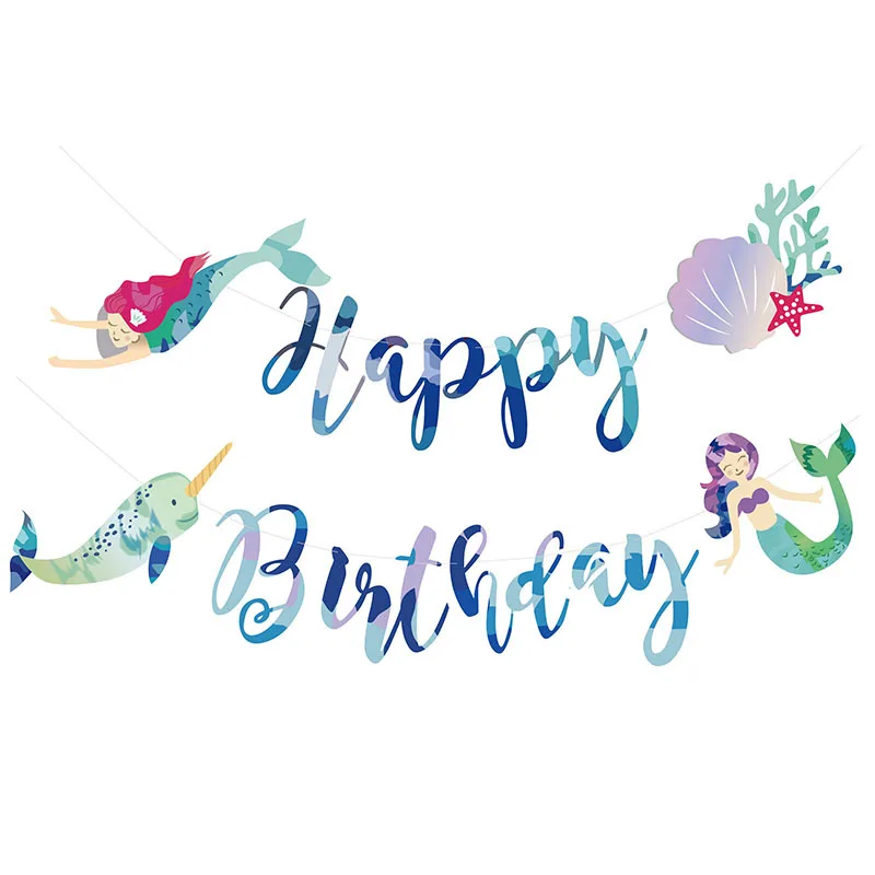 

1set Mermaid Glitter Banner Cardboard Blue Letter Garland HAPPY BIRTHDAY Purple Shell Banner Ocean Birthday Party Decoration