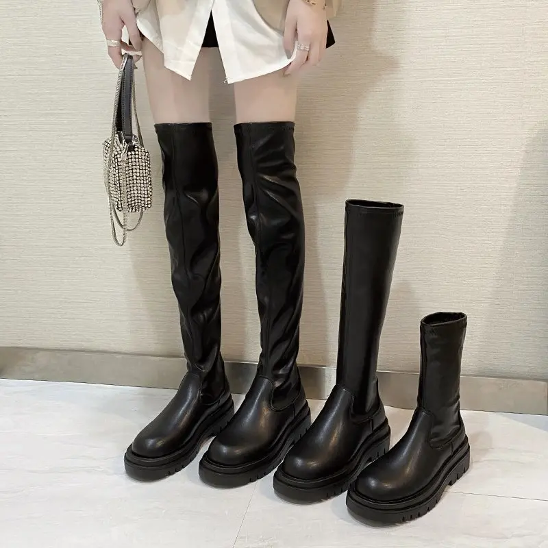 Botas altas ajustadas por encima de la rodilla para mujer, zapatos con  plataforma y suela gruesa, color negro, Invierno|Botas sobre la rodilla| -  AliExpress