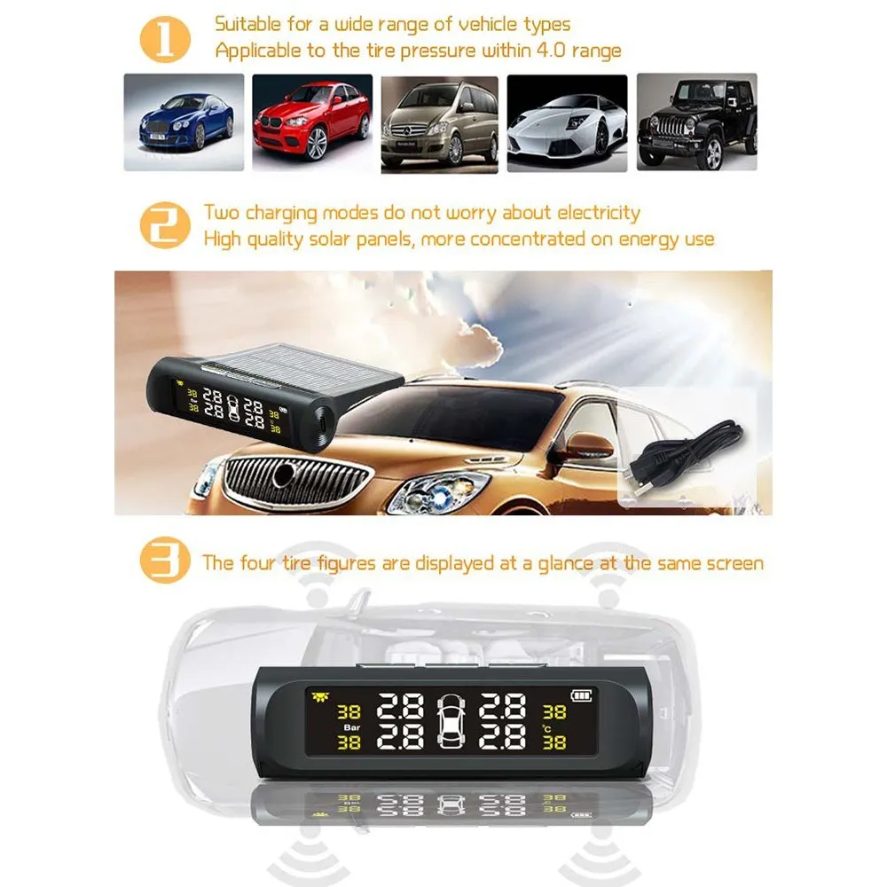 Автомобильная система контроля давления в шинах TPMS с солнечной зарядкой HD