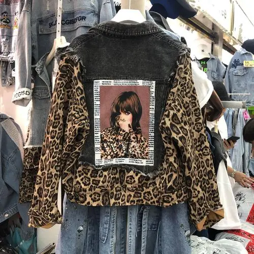Neploe Винтаж панк аппликация бисером женская джинсовая куртка Осень Harajuku леопардовые леггинсы куртки пальто свободная мода уличная - Цвет: black coat