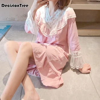 

2020 long sleeve sleepwear dress women nightgown v neck loose casual lace patchwork nightdress female nightwear