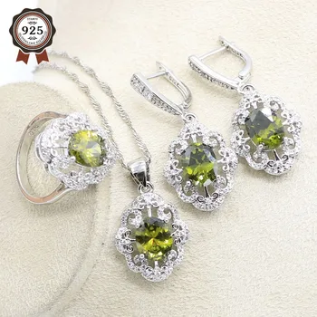 

Silver Color Green Peridot Zirconia Bridal Jewelry Set for Women with Earrings Necklace Pendant Ring Birthday Gift