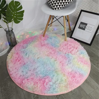 

Rainbow Colorful Soft Fluffy Carpet Girl Round Hairy Area Rug For Bedroom Decoration Carpet shaggy Beside Mat Princess Style