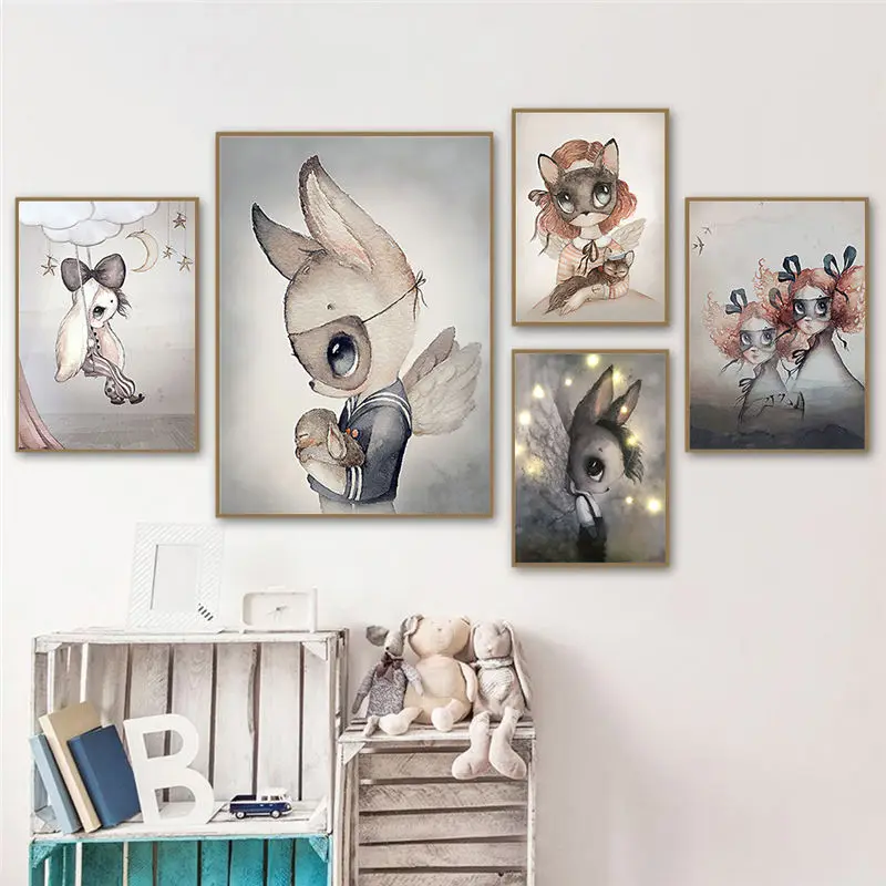 Nordic-Lovely-Sweet-Home-Decor-Nordic-Canvas-Painting-Wall-Art-Poster-Rabbit-Girls-Boys-Picture-Cartoon