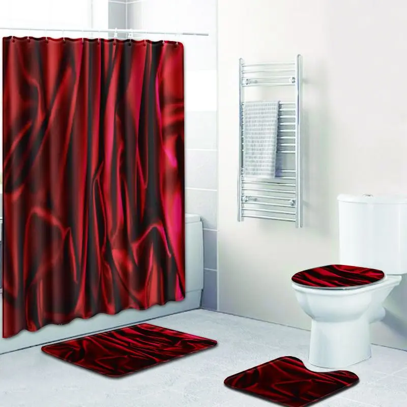 

Shower Curtain Bath Mat Bathroom Toilet Seat Cover Anti Slip Carpet Waterproof Modern Polyester Pedestal Rug Hooks 4pcs/set