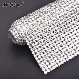 JUNAO 24*40cm Hotfix Clear AB Glass Rhinestone Mesh Strass Applique Banding Glass Crystal Stickers for Clothes Shoes DIY Trim