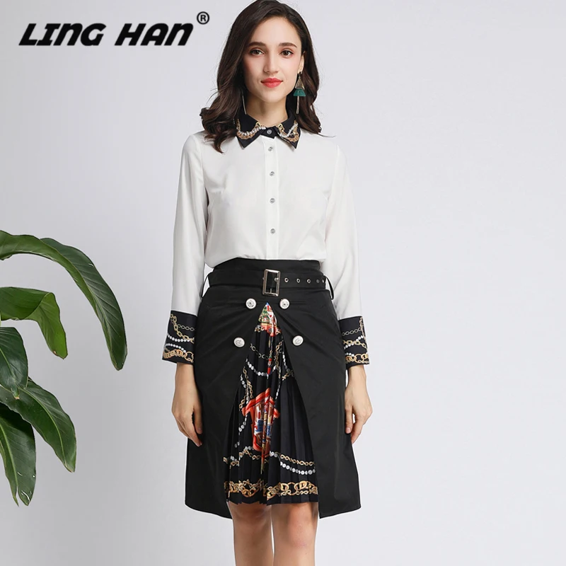 

LINGHAN Designer Women 2 Piece Set Spring Summer Fashion Print Long Sleeve Ruffles Blouse + Pleated Skirt Fashion Suit
