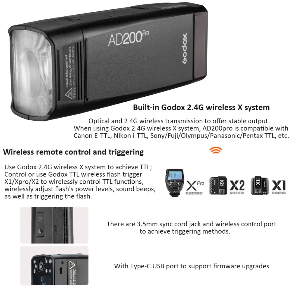 Карманный светильник-вспышка Godox AD200Pro 200Ws 2,4G ttl 1/8000 HSS 500 вспышка полной мощности 0,01-2,1 s утилизация голая лампа/головка Speedlite