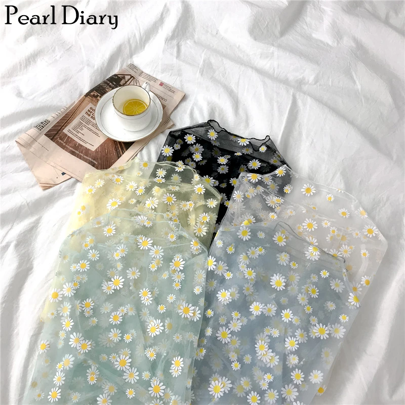 Pearl Diary Women Daisy Mesh Top Floral Sunscreen Mesh Shirt Long Sleeve Beach Top Goint Out Casual Flower Mesh Top For Daytime