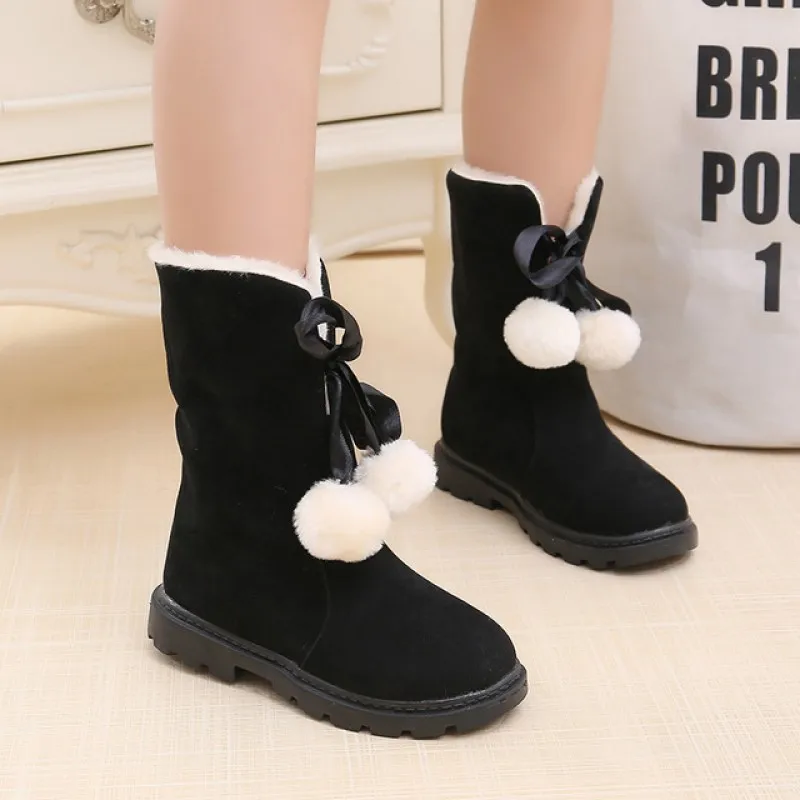 Осенние и зимние ботинки для девочек, детские ботинки, ботинки принцессы для родителей и детей, шерстяные зимние ботинки с помпонами, детская обувь, женская плюшевая обувь - Цвет: Black