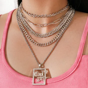 

European and American personality punk street style jewelry with multilayer necklace CoolGirl square pendant necklace 5Pcs