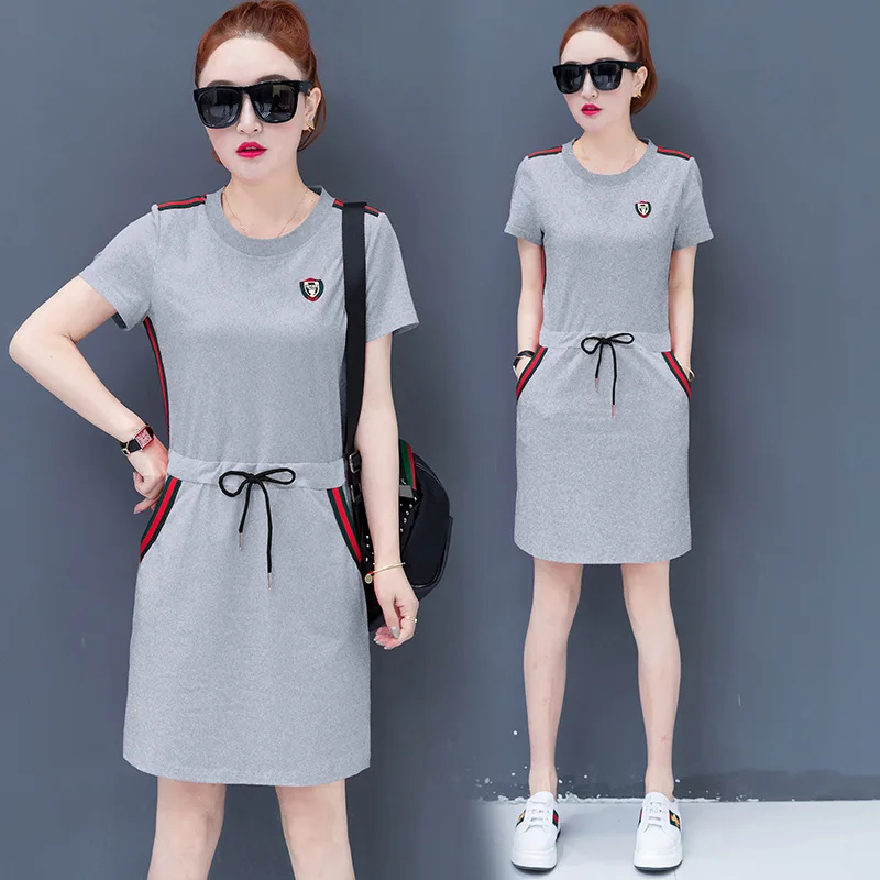 

2019 Summer New Style Short Sleeve Solid Color Mid-length Dress Summer Wear for Women Korean-style Versitile Fashion Casual Skir