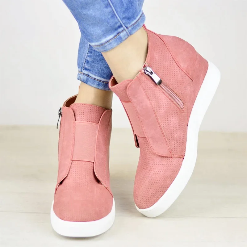 HEFLASHOR/; женские кроссовки на платформе; коллекция года; сезон осень; женская повседневная обувь с высоким берцем; обувь на танкетке с боковой молнией - Цвет: dark pink1