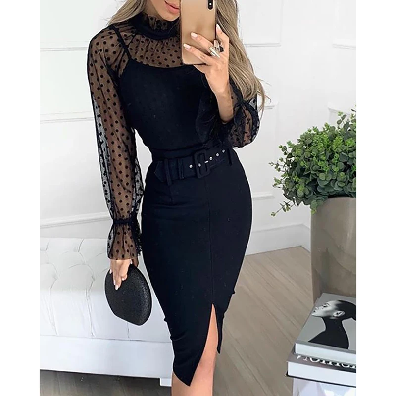 

Dot Mesh Insert Bell Cuff Bodycon Dress