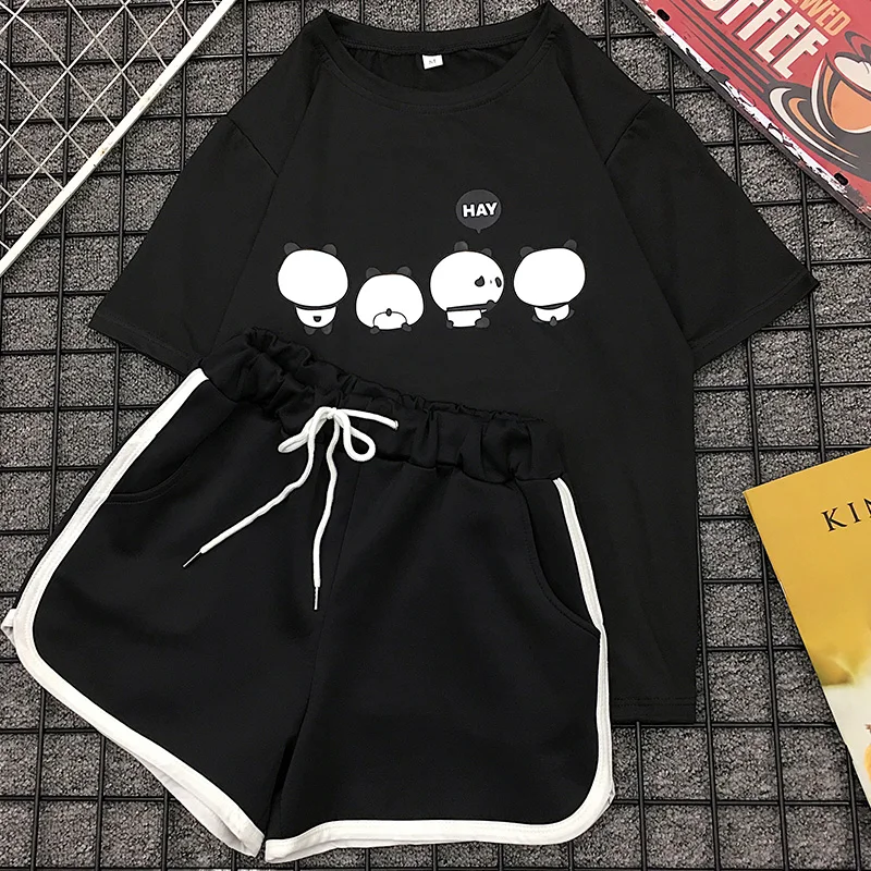 Женский спортивный костюм Milinsus, комплект одежды из 2-х предметов, спортивная футболка и шорты с полосками, пляжные повседневные шорты, костюм-двойка на лето - Цвет: Black3