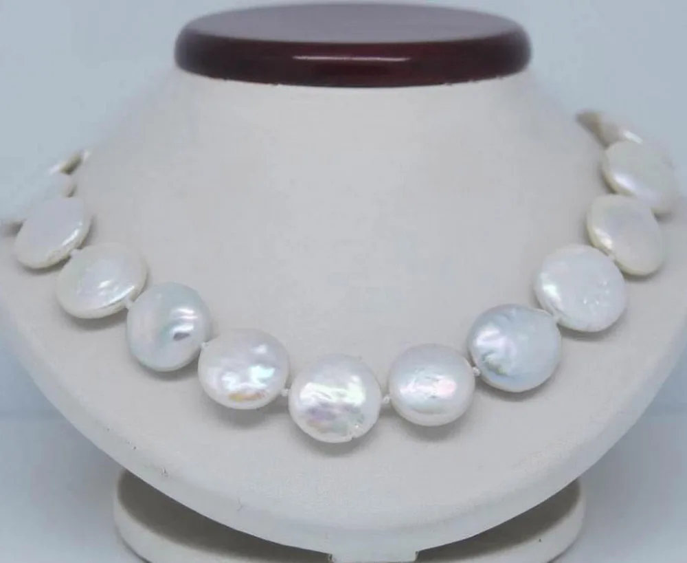 Natural 12-13MM White SOUTH SEA Coin Pearl Necklace 17"