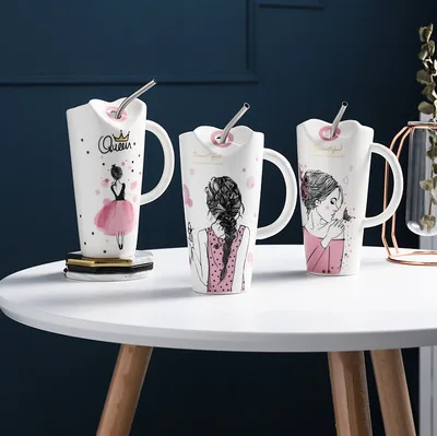

Cute Girl Ceramic Cup 450ml Porcelain Coffee Mug with Straw Women Home Milk Tea Juice Cups Birthday Gift