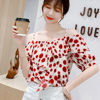 XUXI Summer 2020 Women Shirt Female Scheming Design Niche Strapless Chiffon Off-the-shoulder Strapless ShortSleeve Blouse FZ1092 grey slit design off the shoulder t shirt