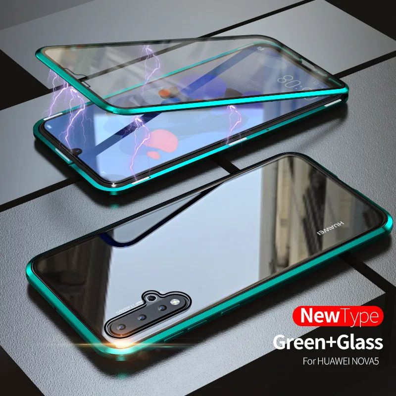 Для huawei P30 P20 mate 20 X Pro Lite Honor 9X10 20 i Note10 Play чехол 360 двусторонний чехол из закаленного стекла с магнитной адсорбцией - Цвет: Green