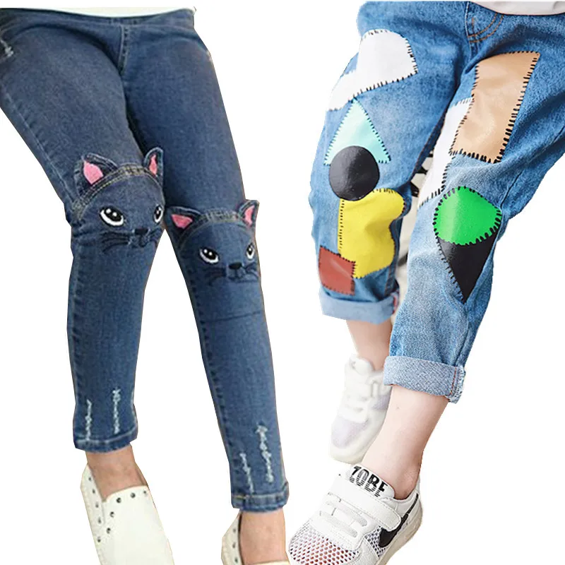 Fashion Girl Jeans Cartoon Cat Print Skinny Hole Pants for 3-11Y
