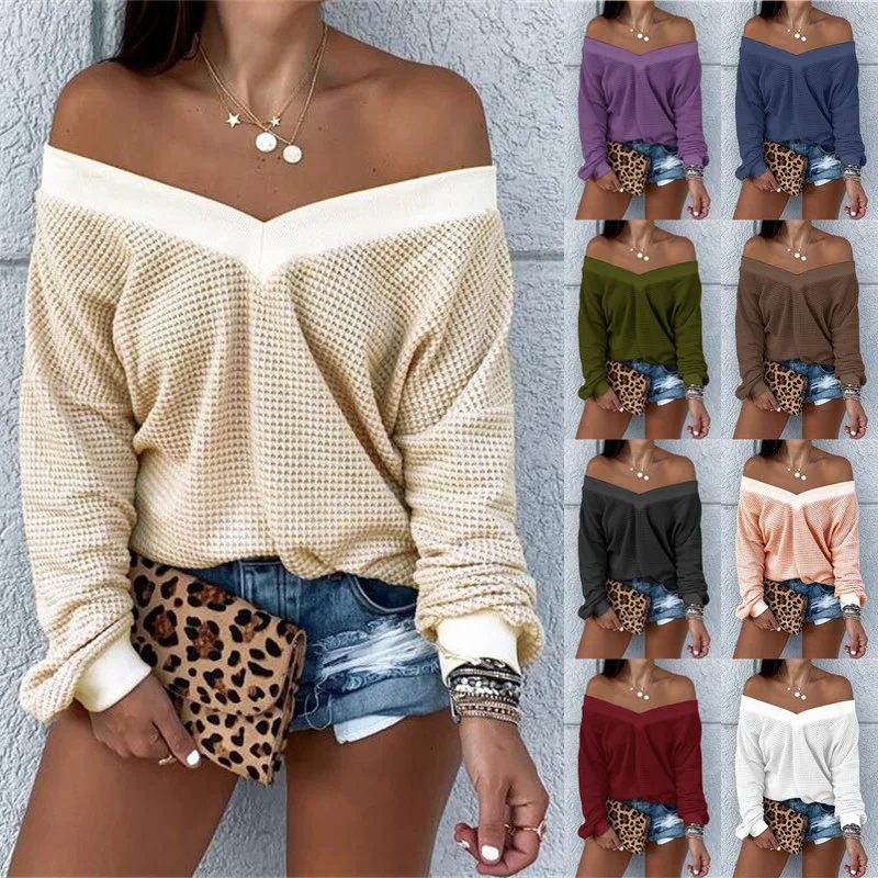 

9 Colors Women Autumn Pure Color Long Sleeve V Neck Big Neckline Simple Style Plus Size T-shirt