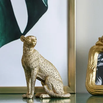 

DUNXDECO Room Decoration Accessories Miniature Figurine Modern Golden Leopard Resin Crafts Desktop Display Gift