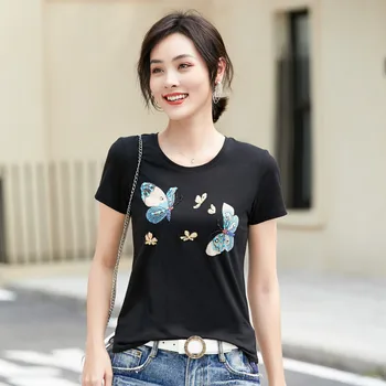 

2020 WOMEN Spring and summer new short t-shirt female one generation hand-made beaded butterfly combed cotton Korean version